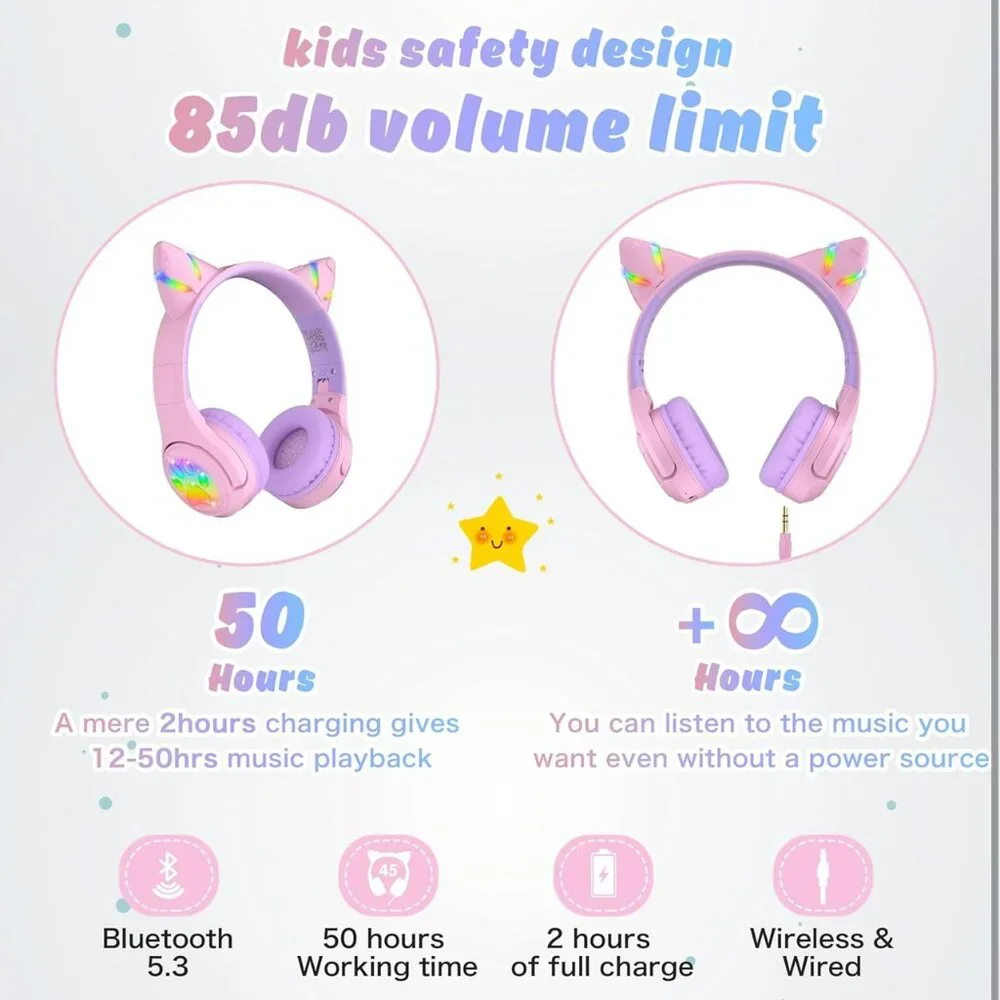 NEW Cat Ear Kids Wireless & Wired Bluetooth Headphones with LED Light Up